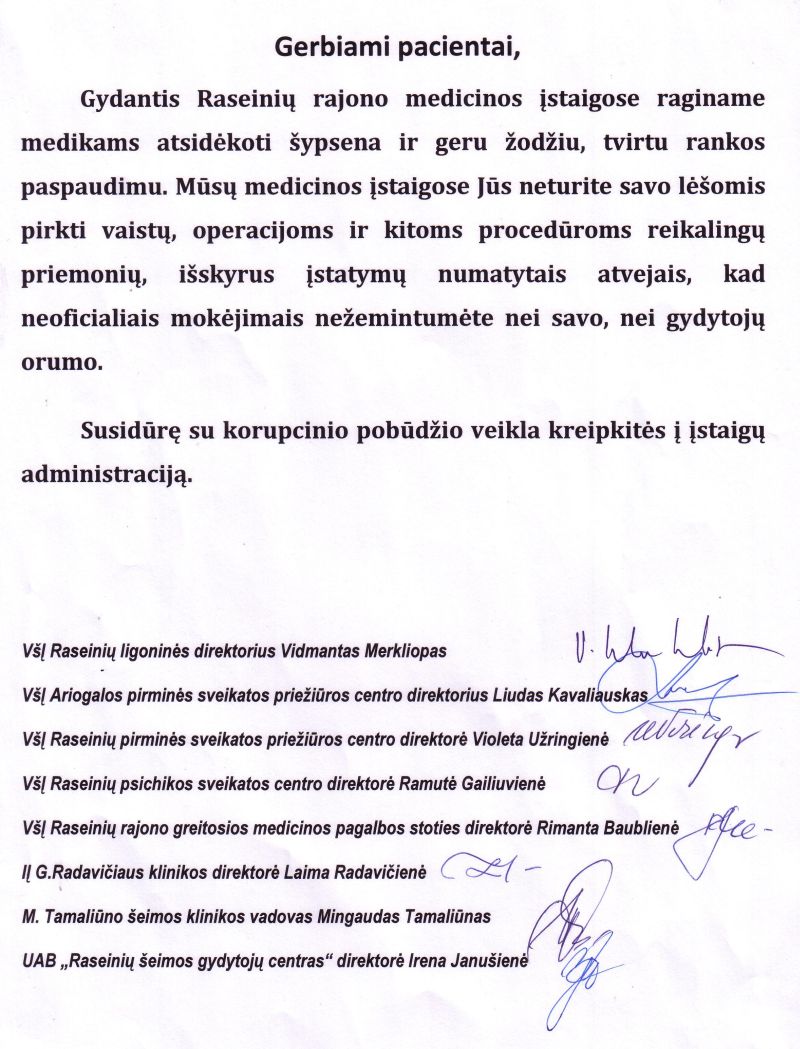 Raseinių sveikatos priežiūros įstaigų vadovų kreipimasis